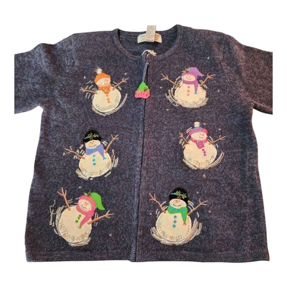 Vintage Tiara International Christmas Snowman Sweater Navy Sz M Holiday Festive